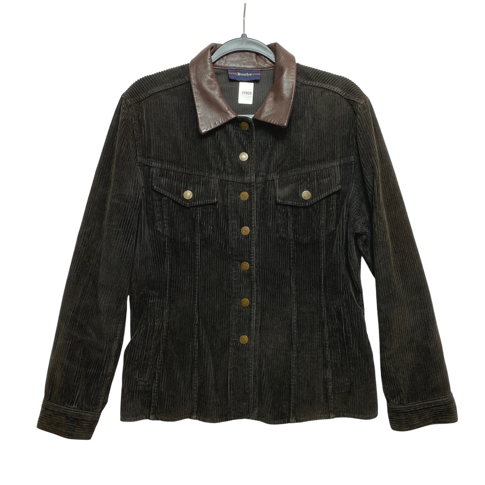 Breeches Jacket Womens M Dark Brown Leather Collar Corduroy Button Down Vintage
